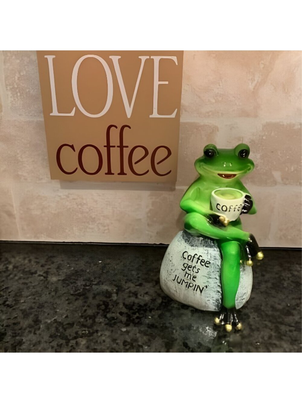Frog Statue for Garden, Drinking Coffee Green Frog Figurine for Outdoor Decor